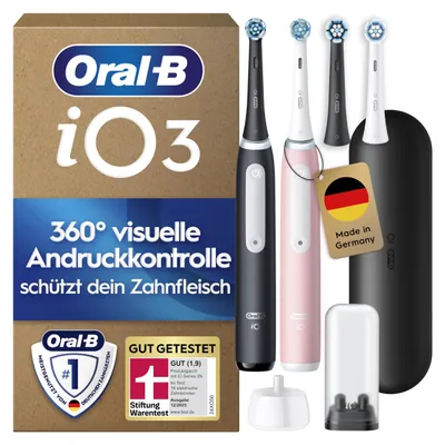Zdjęcie produktu dla Oral-B iO Series 3 Plus Edition – zestaw podwójny: elektryczna szczoteczka do zębów wraz z 4 końcówkami i 3 trybami szczotkowania do pielęgnacji zębów