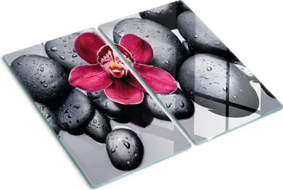 Produktbild von Glasplatte zum Schutz der Kochfläche – Abdeckung für die Kochplatte – Abdeckung für Induktionskochfelder – 2 Stück, 30x52 cm – Einfache Reinigung – Gehärtetes Glas – Orchideen-Kieselsteine