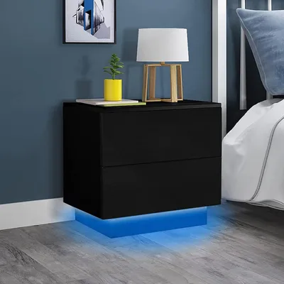 Produktbild von Iropro Nachttisch Nachtschrank LED Beleuchtung, Hochglanz Schwarz in Front mit 2 Schubladen 55x37x50cm