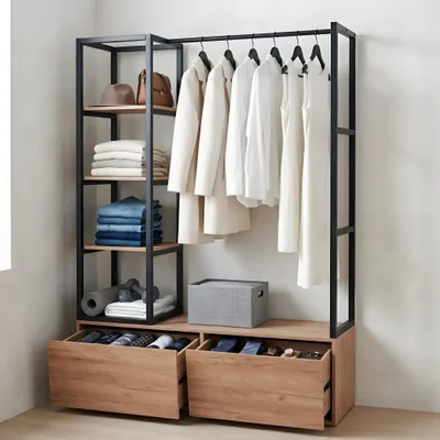Produktbild von MinteLiv Offener Kleiderschrank System 120x180cm mit 2 Schubladen, stabiler Garderobenständer Metall & MDF, Schwarz/Natur