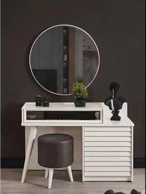 Produktbild von Weißer Schminktisch mit Schubladen Rundsessel Konsole Luxus Polsterhocker 3tlg