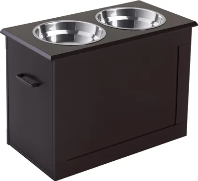 Produktbild von PawHut Hunde Fressnapf mit Staumraum 2 Näpfen Futterstation Katzenapf Espresso