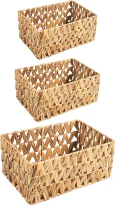 Produktbild von Aufbewahrungskorb TONOA 3er Set natur - stapelbar rechteckig aus Wasserhyazinthe geflochten, ordnungsboxen, organizer, regalkorb