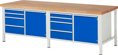 Produktbild von Werkbank mit 2 Schränken - 8 Schubladen - Teilauszug - 90:4 / 180:4 - höhenverstellbar 840-1.040 mm - 2.500 x 900 mm (BxT) - Traglast 1.250 kg - Buche