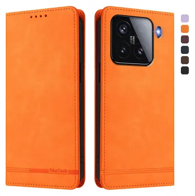 Image de Etui pour Xiaomi 15, étui rétro en cuirPolyuréthaneavec support et fentes pour cartes Orange