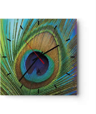 Produktbild von Wanduhr - Quadrat - Glasuhr - Pfauen Federn Regenbogen - 30x30cm - Schleichendes Uhrwerk - Lautlos - zum Aufhängen bereit - Dekoration Modern - Wanddekoration aus Glas - C3AC30x30-4385