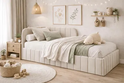 Produktbild von Bett Mario 120x200 cm, Polsterbett mit Metallrahmen, Jugendbett mit Bettkasten, Riviera-Stoff, Beige, Links
