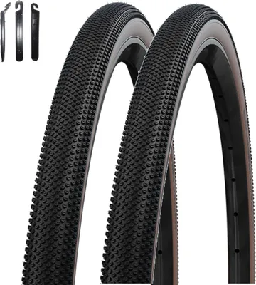 Obrázek produktu pro 2x skládací pláště Schwalbe TLE E-25 G-One Allround Perform R-Guard, rozměr 28 x 1,35 (35-622), barva bronzová, včetně páčidel na pláště