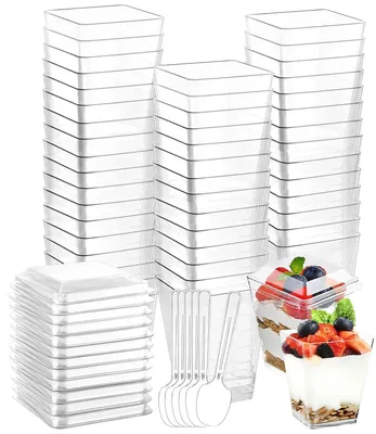 50 Dessertbecher 160 ml mit Deckeln & Löffeln, transparent, wiederverwendbar