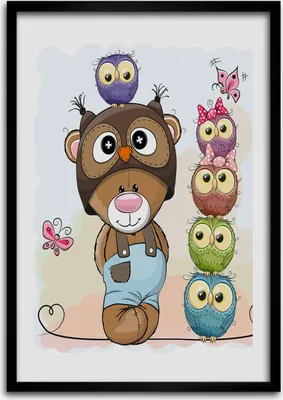 Produktbild von Bild - Bilderrahmen - Foto - 70 cm x 100 cm - MDF - Rahmen - Wandkunst - Teddybär und Eulen