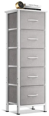 Immagine prodotto di Comodino stretto con 5 cassetti rivestiti in tessuto, colore grigio chiaro, dimensioni 40x30x120 cm