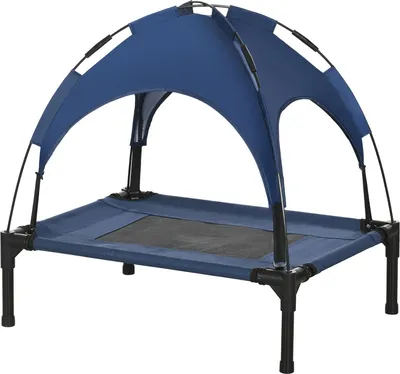 Produktbild von Erhöhtes Hundebett Outdoor Mit Baldachin Uv-Schutz Haustierbett, Atmungsaktiver Taftstoff, Dunkelblau, 61X46X62Cm