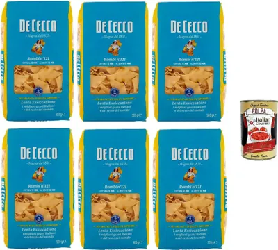 Produktbild von De Cecco Rombi Nr. 121 – Nudeln 6 x 500 g | langsam trocknend | hochwertiges Hartweizengrieß | 12 min kochen (al dente 10) | Ideal für Saucen & Gratins | Italy + Italian Gourmet Polpa 400g