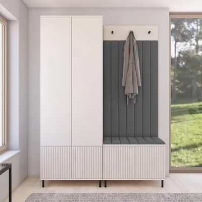 Produktbild von Garderoben-Set Ritmo Version 1 – gefräster Kleiderschrank mit hohen Füßen, gepolsterte Wandpaneele, Schuhschrank, für den Flur (cashmere, Trinity 15)