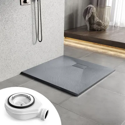 Produktbild von Heilmetz Duschwanne 90x90cm Duschtasse inkl. Ablaufgarnitur Schieferoptik Rutschfeste Extraflach SMC Grau Brausetasse Duschbecken Steinoptik