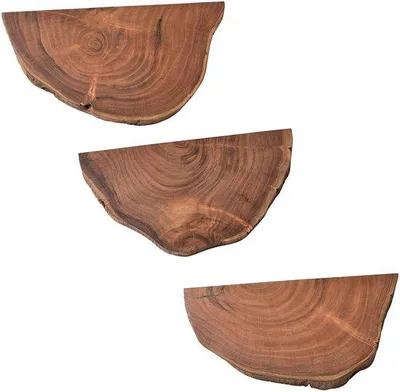 Immagine prodotto di Set di 3 mensole da parete in legno di acacia massello con bordo naturale a forma di tronco – ideali per decorazioni, piante e foto. Dimensioni: 49,5 x 4,5 x 26 / 48 x 4,5 x 25,5 / 44 x 4,5 x 21 cm