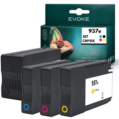 Produktbild von Evoke kompatible Tinte für HP 937e EvoMore HP937E 4x CMYK:Schwarz,Cyan,Magenta,Gelb 128 ml 7450 Seiten OfficeJet Pro 9110b 9120b 9122e 9125e 9128e 9130b 9130 9132e 9135e 9720e 9730e, KI-generiertes Bild