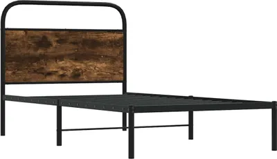 A product shot of a bed frame with a wooden headboard against a white background.