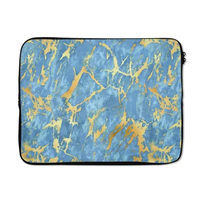 Produktbild von MuchoWow® Laptop Hülle 17 Zoll Laptoptasche Marmor - Gold - Blau - Zipper - Schutzabdeckung