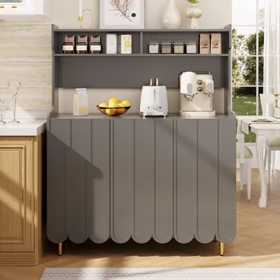 Produktbild von Flieks Küche Hochschrank Küchenbuffet mit 3 Türen, Küchenschrank Buffet mit Arbeitsplatte, Buffetschrank Highboard mit offenen Staufächern, grau