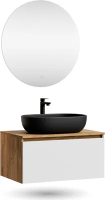 Produktbild von Planetmöbel ARISA Badmöbel Set Weiß – Mit Nova LED Spiegel und schwarzem Keramik-Aufsatzwaschbecken 60 cm