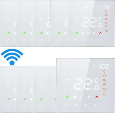 A collage of smart thermostats with digital displays and icons.