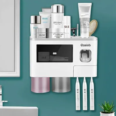 Obrázok produktu pre Kompaktný dávkovač zubnej pasty do kúpeľne s 2 magnetickými držiakmi a 6 držiakmi na kefky, sivý