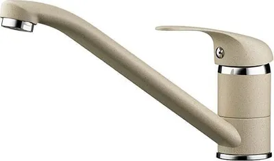 A beige kitchen faucet with a silver accent is shown against a white background.