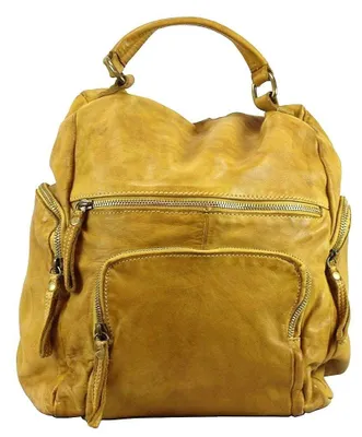 Produktbild von BZNA Stella Designer Rucksack Damenhandtasche gelb Leder mit Reißverschluss, geräumigem Hauptfach, 4 Außenfächern, 1 Reißverschluss-Innenfach und 2 Einsteckfächern