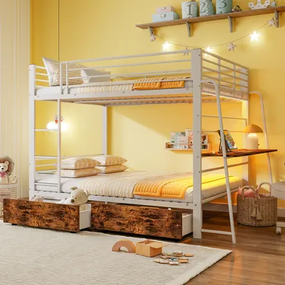 Produktbild von ELANDEPOT Hochbett 140x200 cm Weiß Metallbett mit Schreibtisch Musik LED Steckdose Gitter Leiter 2 Schubladen Jugendbett Gamer Bett 250 kg