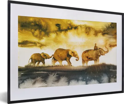 Produktbild von MuchoWow® MuchoWow® Gerahmtes Poster Elefanten - Aquarell - Gelb 60x40 cm - Poster mit zchwarzem Bilderrahmen - Schlafzimmer - Plakat in Rahmen - Drucken