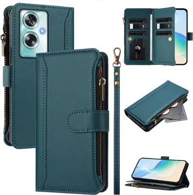 Image de Etui pour Oppo A79, zippé, étui portefeuille en cuirPolyuréthaneavec pochettes pour cartes, support et dragonne vert