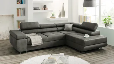Produktbild von Narożnik z funkcją spania i pojemnikiem na pościel, sofa w kształcie litery L, sofa w kształcie litery L, welurowa tkanina, szara otomana po prawej stronie