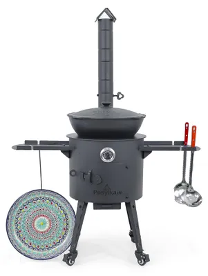 Produktbild von Utschak Feuerofen Ø 40 cm + Gusseisen-Kasan 12 L, runder Boden + Küchenzubehör, Usbekischer Kochtopf aus Gusseisen