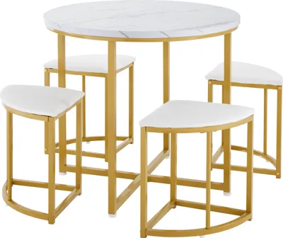Obrázok produktu pre Sweiko jedálenský set so štyrmi stoličkami, jedálenský set s MDF doskou a pozláteným železným rámom, zamatové kreslo, moderné stoly a stoličky, biela