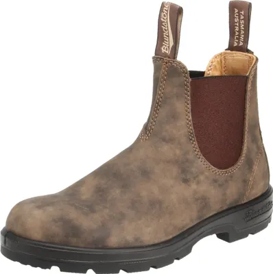 A single brown leather boot is shown against a white background.