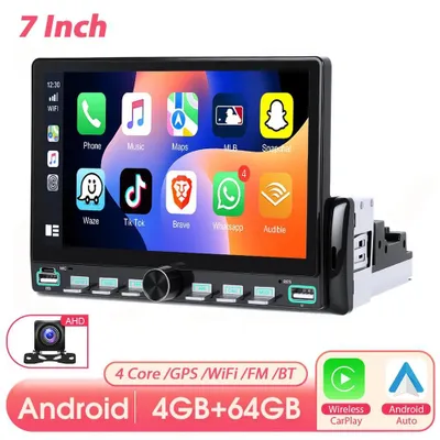 Image de Autoradio multimédia Android 1-DIN - Écran tactile de 17,8 cm - 4 Go de RAM, 64 Go de stockage - CarPlay et Android Auto sans fil - GPS, Wi-Fi, FM - Avec caméra de recul
