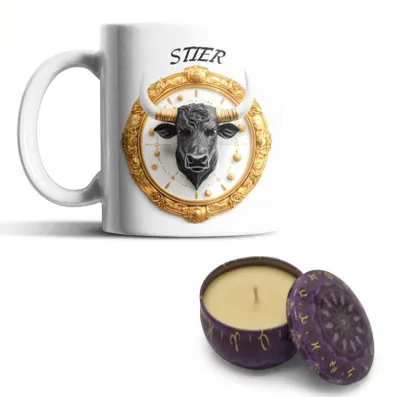 Produktbild von Sternzeichen Zodiac Kaffeetasse Teetasse Tasse 325 ml plus Sojawachs Kerze 80g - Stier