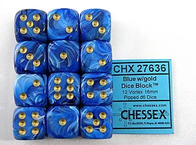 Produktbild von Chessex Vortex blau/gold D6 16mm Würfelset (12 Stück)