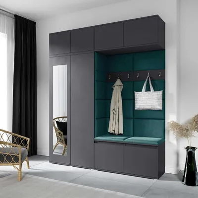 Produktbild von Garderoben-Set NIKOLA Kleiderschrank mit Polsterplatten, Schuhschrank und Schrankaufsatz 90cm Ideal für Flur und Eingangsbereich (Graphit, Trinity 28)