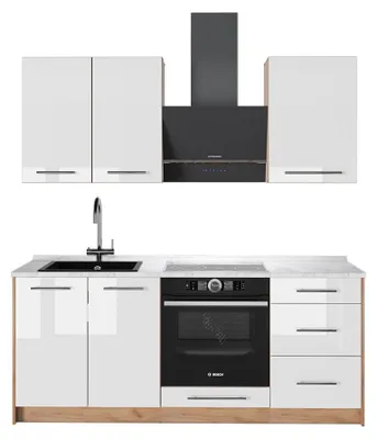 Zdjęcie produktu dla Kuchnia pojedyncza Vicco Fame-Line Biały wysoki połysk/Dąb goldkraft 190 cm, BP Marmur, Model 64893