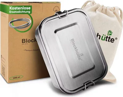 Produktbild von Blockhütte. Premium Edelstahl Brotdose 1200 ml inkl. Fächern & Ersatzdichtung. Die Frischhaltedose mit Trennwand ist auslaufsicher