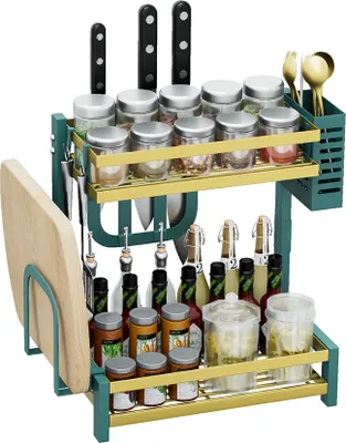 A two-tiered kitchen spice rack with various bottles, jars, knives, and a cutting board.