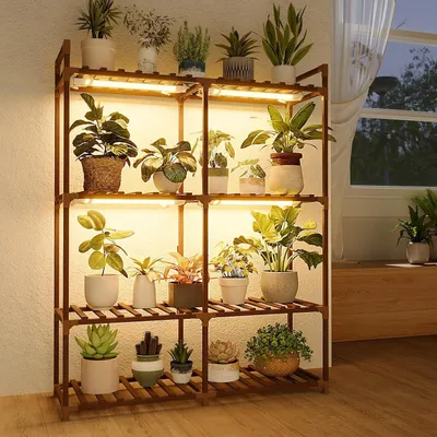 Produktbild von Pflanzenständer mit Kweeklampen, Holz, 4 Ebenen, große Blumenständer, für Zimmerpflanzen
