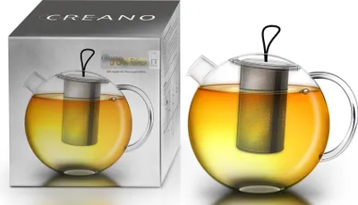 Immagine prodotto di Creano Teiera 1,5 l Jumbo, teiera in vetro in 3 pezzi in set con filtro in acciaio inox integrato e coperchio in vetro, teiera in vetro dal design multifunzionale
