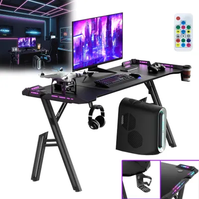 Produktbild von XINZI Gaming Schreibtisch mit LED Computertisch Gamingtisch 120 x 60cm, Stabiler PC Schreibtisch, Ergonomischer Kopfhörerhaken und Getränkehalter, Schwarz