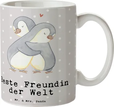 Produktbild von Mr. & Mrs. Panda Teetasse Pinguin Beste Freundin der Welt - Grau Pastell - Geschenk, Spruch, Kaffeebecher, Tasse, Ehefrau, Becher, Bae, Freundinnen, Geschenkidee, Frau