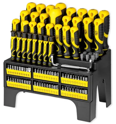 Produktbild von MISTER TOOL XXL Schraubenzieher- und Bit-Set 100-teilig - Inkl. Präzisions-Winkelschraubendreher, Stecknüsse, Ratschen-Schrauber, Kreuzschlitz, Schlitz, Torx & Sechskant für effizientes Arbeiten