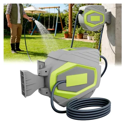 Produktbild von Wandmontage Schlauchtrommel, 30 m Gartenschlauch mit Handbrause und Anschlüssen, Automatische Aufrollung, 180° Schwenkhalterung & 10 Sprühmodi für Garten und Autowäsche, Grün