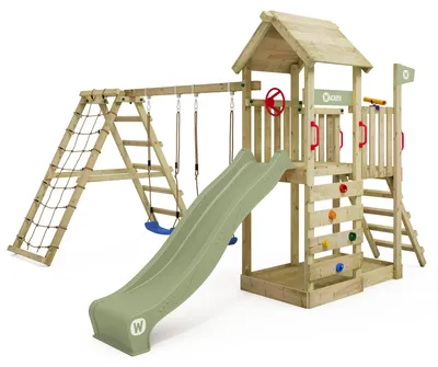 Produktbild von Spielturm Wickey RocketFlyer mit Kletteranbau und Rutsche, aus Holz, pastellgrün